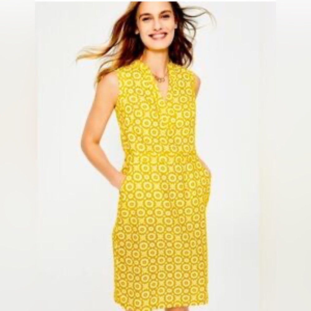 Boden Yellow Sleeveless Midi Dress with Circular Print